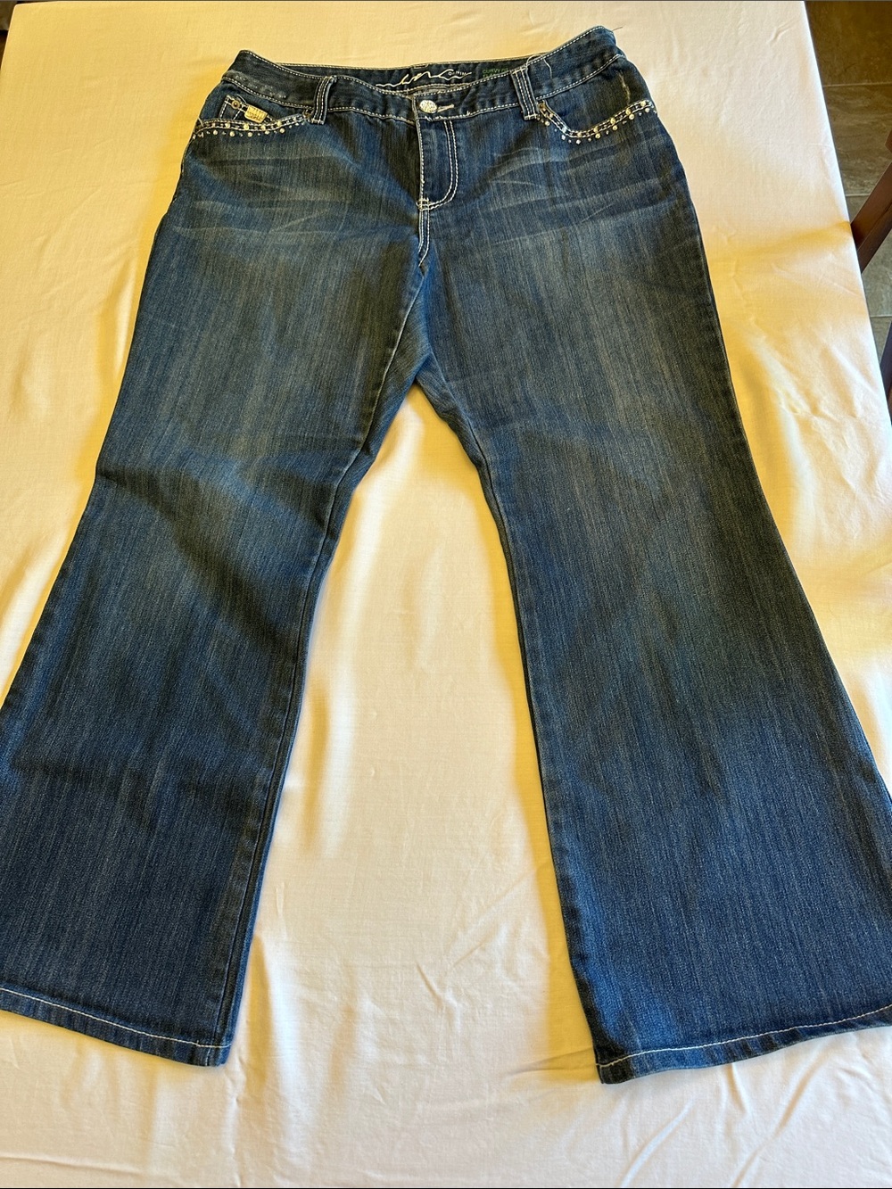 INC International Concepts Dark Blue Flared Jeans with Embellished Pockets